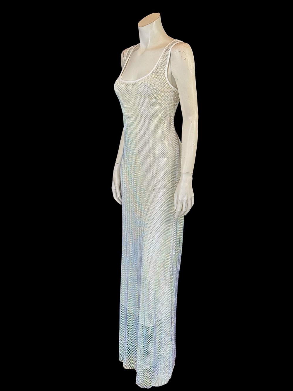 Y2K White Rhinestone Mesh Net Sheer Dress | Fairycore Rave | M - Picture 12 of 16